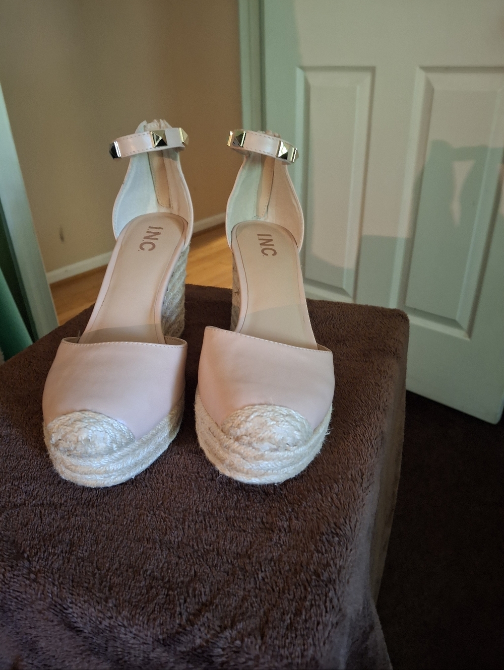 INC International Concepts Blush Espadrille Wedge Sandals with Stud Ankle Strap